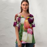 yanfind V Neck T-shirt for Women Flowers Tulip Flowers Multicolor Colorful Tulips Field Purple Beautiful Flower Garden Summer Top  Short Sleeve Casual Loose
