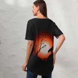 yanfind V Neck T-shirt for Women Suryapraveen Dark Minimal Jaguar Cat Sun Silhouette Summer Top  Short Sleeve Casual Loose