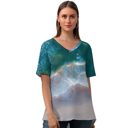 yanfind V Neck T-shirt for Women Pok Rie Beach Coastal Ocean Aerial Birds Eye Sand Seascape Waves Summer Top  Short Sleeve Casual Loose
