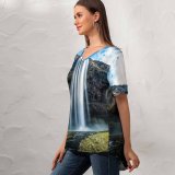 yanfind V Neck T-shirt for Women Robin Kamp Seljalandsfoss Waterfalls Iceland Stream Cliff Moss Exposure Landscape Scenery Sky Summer Top  Short Sleeve Casual Loose