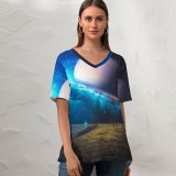 yanfind V Neck T-shirt for Women Thiago Garcia Fantasy Exploring Saturn Planet Surreal Time Travel Space Summer Top  Short Sleeve Casual Loose