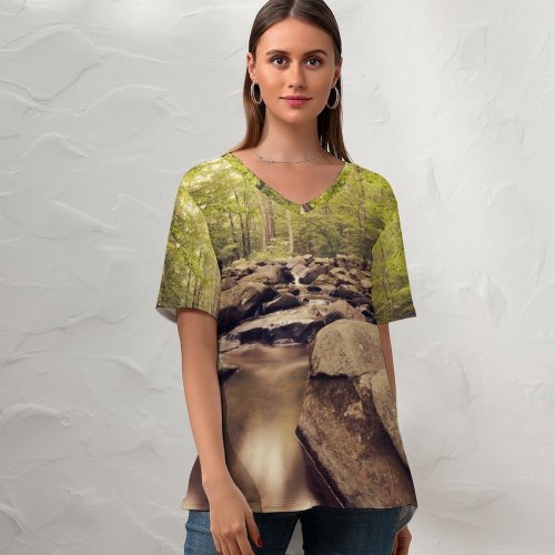 yanfind V Neck T-shirt for Women Forest Trees Woods Stream Greenery Rocks Scenic Landscape Exposure Summer Top  Short Sleeve Casual Loose