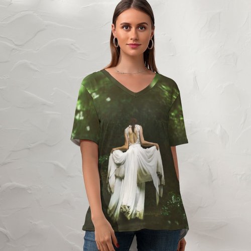 yanfind V Neck T-shirt for Women Fantasy Wallpapers Angel Wedding Dress Free Girls Pictures Bride Fairy Bridal Summer Top  Short Sleeve Casual Loose