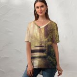 yanfind V Neck T-shirt for Women Dorothe Wooden Stairs Forest Jungle Trees Sunlight Wooden Planks Summer Top  Short Sleeve Casual Loose