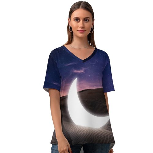 yanfind V Neck T-shirt for Women Sagar Subbaiah Half Moon Fallen Desert Starry Sky Evening Dawn Sunset Summer Top  Short Sleeve Casual Loose