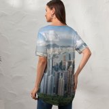 yanfind V Neck T-shirt for Women Hong Kong City Victoria Peak Cityscape Daytime Aerial Skyscrapers Clouds Harbor Summer Top  Short Sleeve Casual Loose
