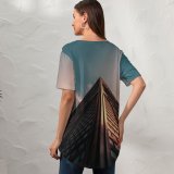 yanfind V Neck T-shirt for Women Benjamin Suter Architecture Building Skyscraper Crescent Moon Starry Sky Summer Top  Short Sleeve Casual Loose