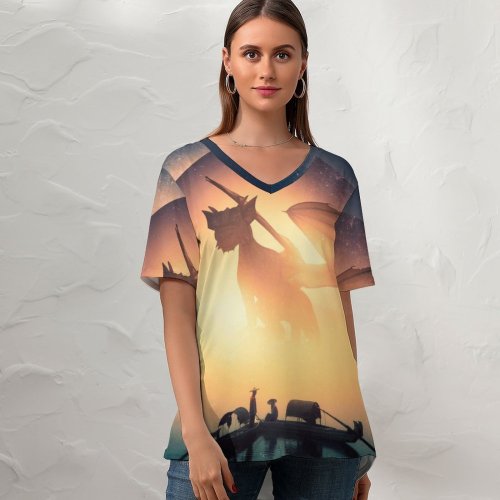 yanfind V Neck T-shirt for Women Thiago Garcia Fantasy Dragon Boats Planet Surreal Summer Top  Short Sleeve Casual Loose