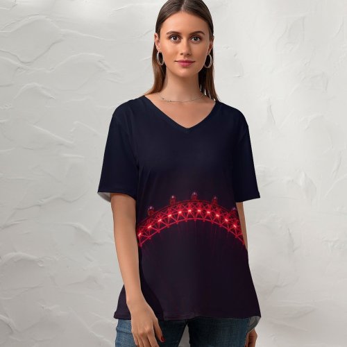 yanfind V Neck T-shirt for Women Black Dark London Eye Ferris Wheel Tourist Attraction Night Illuminated Summer Top  Short Sleeve Casual Loose