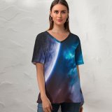yanfind V Neck T-shirt for Women Vadim Sadovski Space Purple Planet Cosmos Stars Galaxy Asteroids Summer Top  Short Sleeve Casual Loose