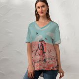 yanfind V Neck T-shirt for Women Fantasy SciFi Astronaut NASA Flower Garden Butterflies Surreal Moon Clouds Summer Top  Short Sleeve Casual Loose