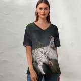 yanfind V Neck T-shirt for Women Anek Suwannaphoom Bengal Tiger Cave Tiger Wild Summer Top  Short Sleeve Casual Loose