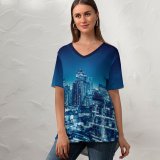 yanfind V Neck T-shirt for Women Anek Suwannaphoom Bangkok Cityscape City Lights Night Metropolitan Buildings Skyscraper Summer Top  Short Sleeve Casual Loose