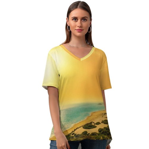 yanfind V Neck T-shirt for Women Talip ÇETİN Golden Sand Beach Cyprus Coastal Seascape Sunset Seashore Summer Top  Short Sleeve Casual Loose