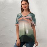 yanfind V Neck T-shirt for Women Thiago Garcia Fantasy Alone Surreal Planet Landscape Dream Summer Top  Short Sleeve Casual Loose