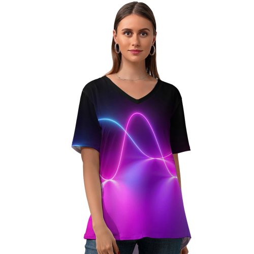 yanfind V Neck T-shirt for Women Abstract Neon Light Waves Huawei Mediapad Summer Top  Short Sleeve Casual Loose