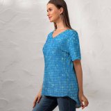 yanfind V Neck T-shirt for Women Swim Pool Mosaic Wave Wavelet Summer Aqua Turquoise Azure Woven Fabric Electric Summer Top  Short Sleeve Casual Loose