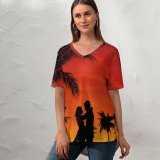yanfind V Neck T-shirt for Women Love Couple Palm Trees Sky Sunset Silhouette Romance Summer Top  Short Sleeve Casual Loose