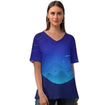yanfind V Neck T-shirt for Women Landscape Night Moon Falling Stars Mountains Summer Top  Short Sleeve Casual Loose
