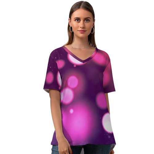 yanfind V Neck T-shirt for Women Abstract Bokeh Purple Sparkles Summer Top  Short Sleeve Casual Loose