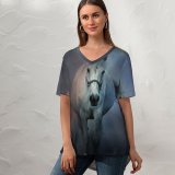 yanfind V Neck T-shirt for Women Black Dark Horse Running Horse Dark Summer Top  Short Sleeve Casual Loose