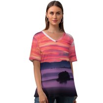 yanfind V Neck T-shirt for Women Bruno Glätsch Sky Sunset Landscape Foggy Scenery Clouds Trees Silhouette Dawn Summer Top  Short Sleeve Casual Loose