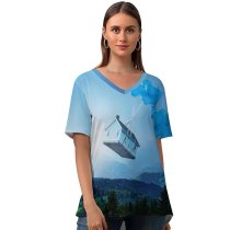 yanfind V Neck T-shirt for Women Comfreak Fantasy Landscape Balloons Sky Trees Mystic Sun Light Summer Top  Short Sleeve Casual Loose