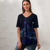 yanfind V Neck T-shirt for Women Black Dark Shanghai City China Cityscape Reflection Night Time City Lights Skyscrapers Summer Top  Short Sleeve Casual Loose