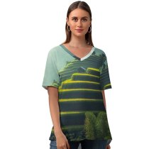 yanfind V Neck T-shirt for Women Sasin Tipchai Rice Fields Agriculture Paddy Landscape Terrace Farming Daylight Summer Top  Short Sleeve Casual Loose