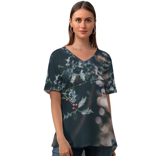 yanfind V Neck T-shirt for Women Christmas Flora HQ Pond Confetti Wallpapers Plant Free Winter Pictures Cherry Summer Top  Short Sleeve Casual Loose