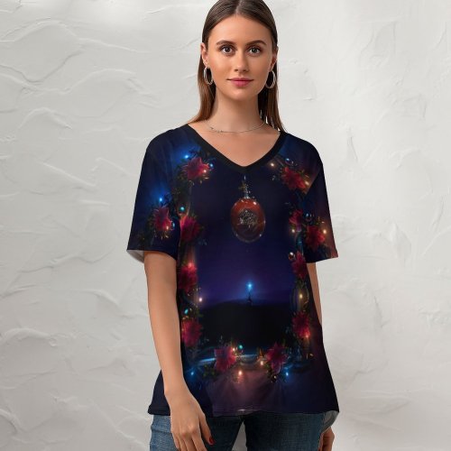 yanfind V Neck T-shirt for Women Neville Black Dark Celebrations Christmas Christmas Decoration Merry Christmas Night Dark Lights Summer Top  Short Sleeve Casual Loose