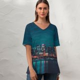yanfind V Neck T-shirt for Women Max Bender Chicago Night City Lights Cityscape Reflections Summer Top  Short Sleeve Casual Loose