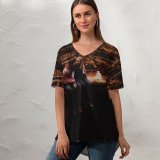 yanfind V Neck T-shirt for Women Autumn Couple Wallpapers Couples Stock Free Passion Relationship Magic Forest Pictures Summer Top  Short Sleeve Casual Loose