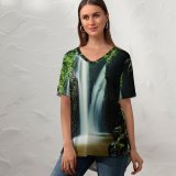 yanfind V Neck T-shirt for Women Simon Bardet Waterfall Forest Rocks Summer Top  Short Sleeve Casual Loose