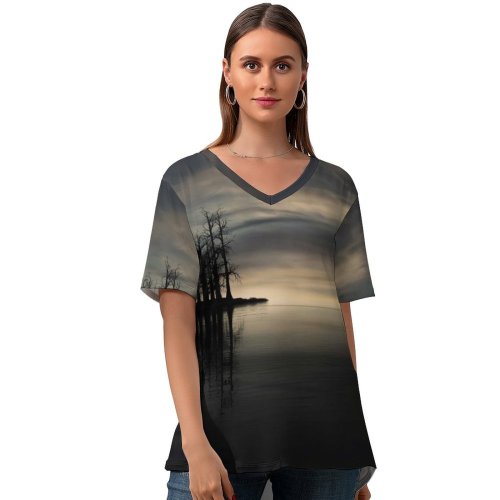 yanfind V Neck T-shirt for Women Karan Gujar Sunset Dry Trees Silhouette Dusk Lake Summer Top  Short Sleeve Casual Loose