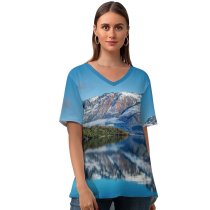 yanfind V Neck T-shirt for Women Trey Ratcliff Snow Mountains Lake Reflection Sky Landscape Clouds Summer Top  Short Sleeve Casual Loose