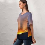 yanfind V Neck T-shirt for Women Sunset Hills Sun Rays Clouds Summer Top  Short Sleeve Casual Loose