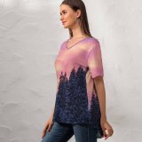 yanfind V Neck T-shirt for Women Bruno Glätsch Snow Covered Tall Trees Sunset Afterglow Winter Purple Sky Scenery Summer Top  Short Sleeve Casual Loose