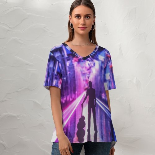yanfind V Neck T-shirt for Women Carsen Haycock Graphics CGI Neon Guitar Musician Silhouette Cyberpunk Future City Summer Top  Short Sleeve Casual Loose