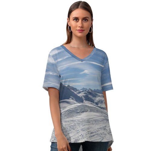 yanfind V Neck T-shirt for Women Snow France Plagne Ski Vacation Snowboard Sun Sky Wheater Winter Ice Mountainous Summer Top  Short Sleeve Casual Loose