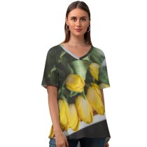 yanfind V Neck T-shirt for Women Bouquet Daffodil Floral Iris Spring Petal Word Wallpapers Plant Decor Tulip Summer Top  Short Sleeve Casual Loose