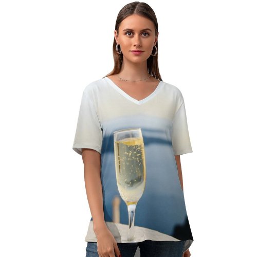 yanfind V Neck T-shirt for Women Glass Thera Landscape Celebrate Alcohol Travel Free Goblet Wine Champagne Bubble Summer Top  Short Sleeve Casual Loose