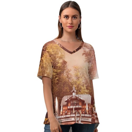 yanfind V Neck T-shirt for Women Comfreak Swan Forest Trees Sun Light Lake Summer Top  Short Sleeve Casual Loose