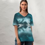 yanfind V Neck T-shirt for Women Fantasy Ocean Crescent Moon Sea Reflection Dark Clouds Night Sky Scenery Summer Top  Short Sleeve Casual Loose