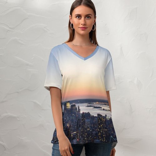 yanfind V Neck T-shirt for Women Gielt York City Aerial Cityscape City Lights Landmark Rockefeller Center City Sunset Summer Top  Short Sleeve Casual Loose