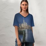 yanfind V Neck T-shirt for Women Lerone Pieters Hudson River Waterfront Walkway Jersey City Cityscape Night City Lights Summer Top  Short Sleeve Casual Loose