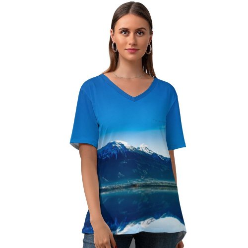 yanfind V Neck T-shirt for Women Kien Virak Glacier Mountains Lake Sunrise Sky Reflection Mountain Range Snow Covered Summer Top  Short Sleeve Casual Loose