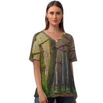yanfind V Neck T-shirt for Women Johannes Plenio Forest Trees Fall Daytime Autumn Summer Top  Short Sleeve Casual Loose