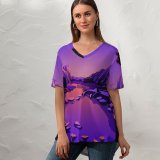 yanfind V Neck T-shirt for Women Lake Mountains Rocks Twilight Sunset Purple Sky Sky Scenery MacOS Big Sur Summer Top  Short Sleeve Casual Loose
