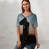 yanfind V Neck T-shirt for Women Luizclas Girl Silhouette Mood Bokeh Evening Sky Dusk Summer Top  Short Sleeve Casual Loose